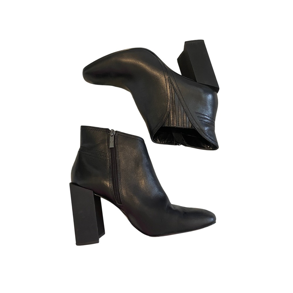 Black Leather Block Heel Square Toe Ankle Boots Size 8.5M H by Halston
